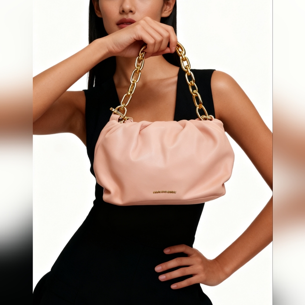 LIKE DREAMS Peach Faux Leather Clutch Bag With Gold Chain